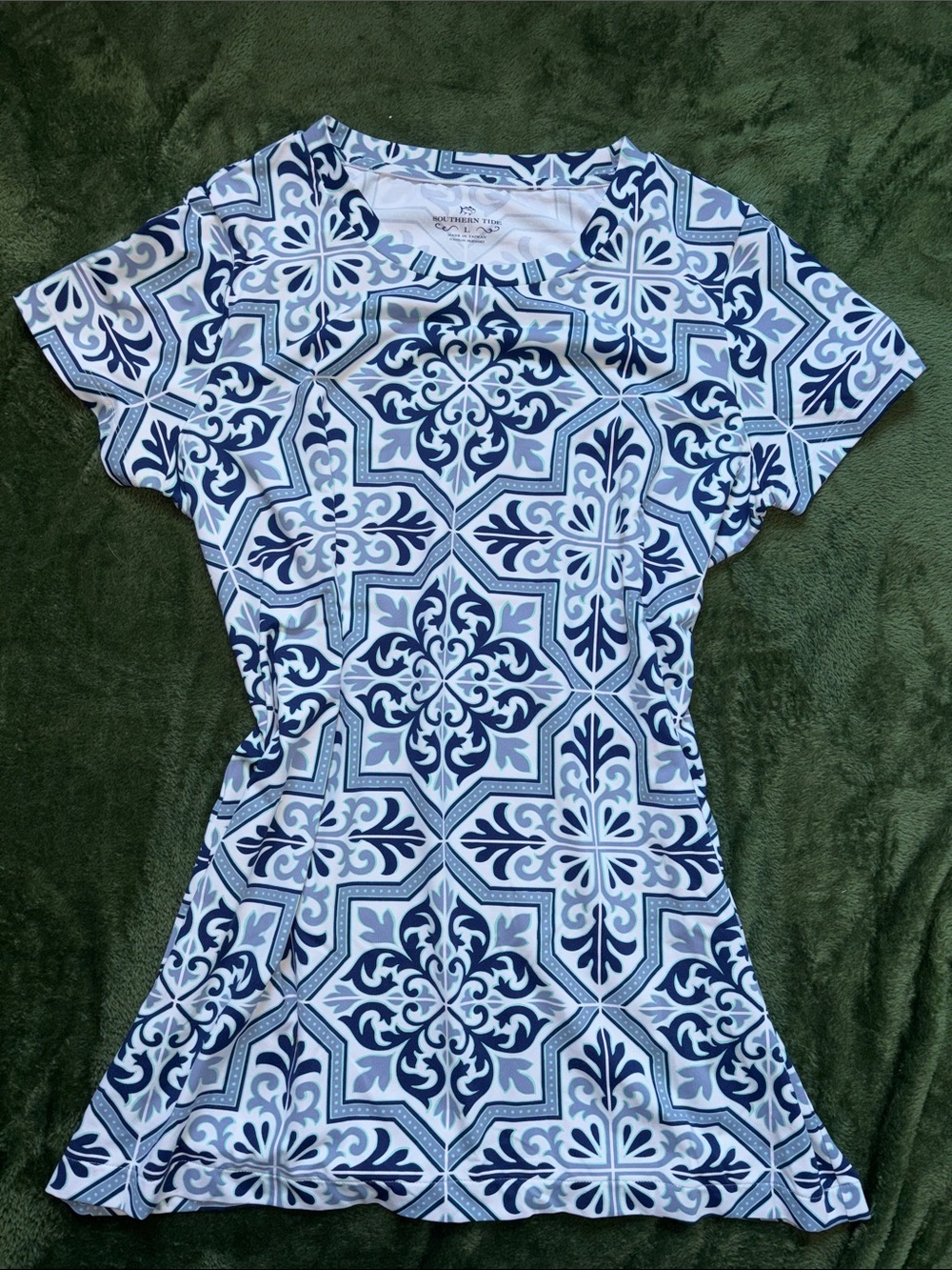 Blue Tile Print Short Sleeve T-Shirt Dress